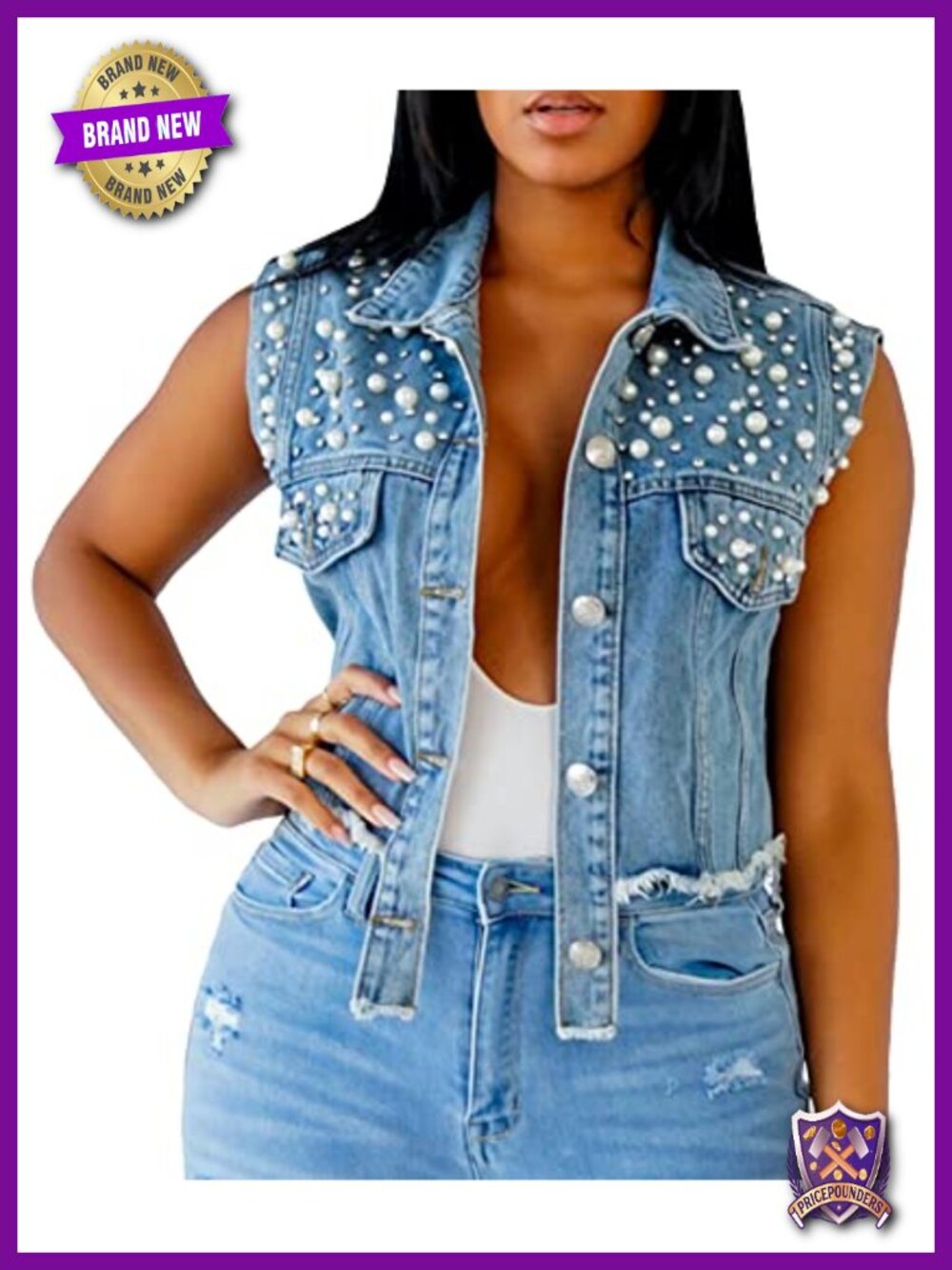 Bling Denim Vest Embroidered Pearl Button Up Sleeveless Cropped Jean Vest